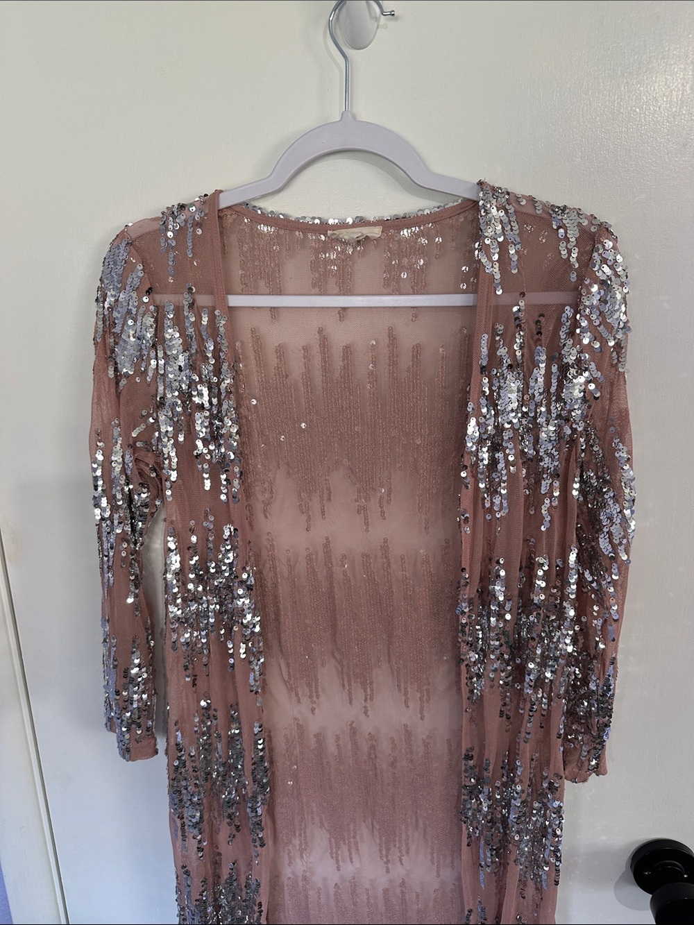 Southern fried chics Sheer Sequin Duster Cardigan in Blush Pink Size XS - Picture 8 of 8